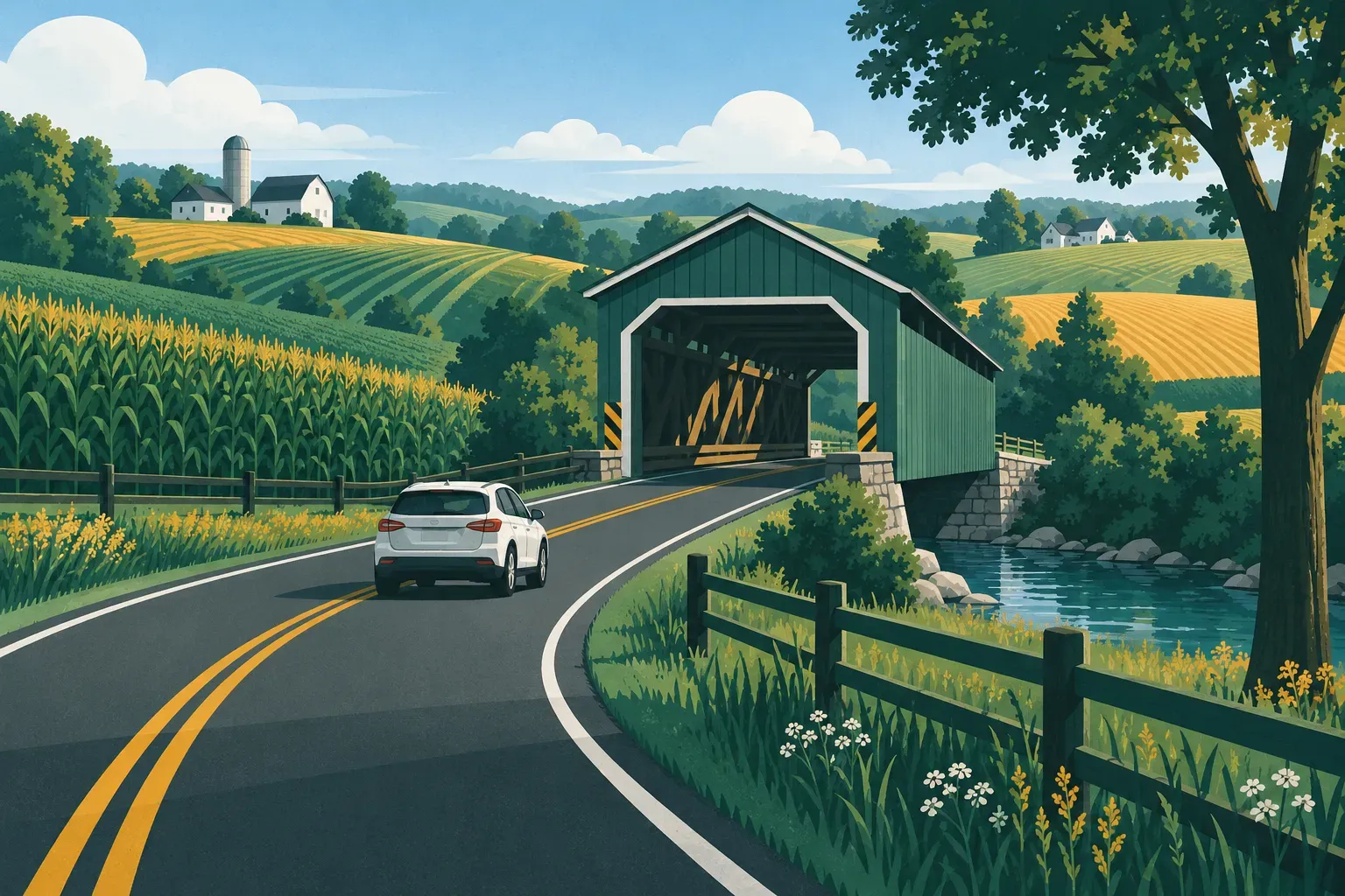 A road through farmland and a covered bridge, a typical landscape of Ohio