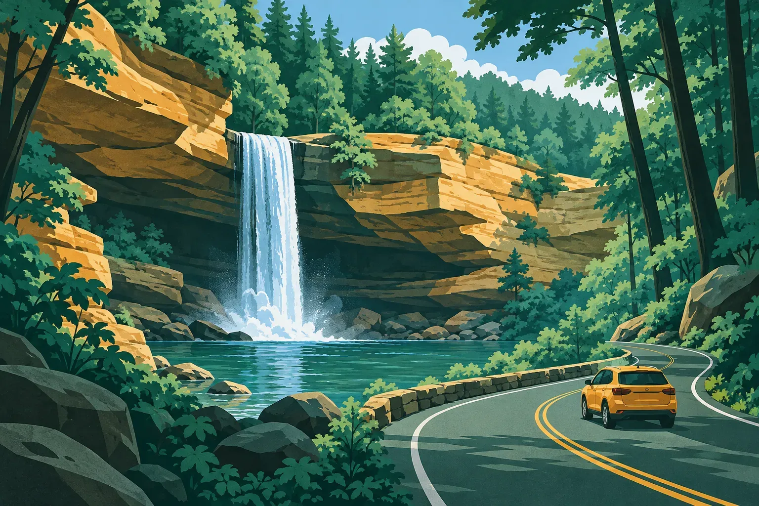 A waterfall and sandstone gorge in Hocking Hills, in Ohio