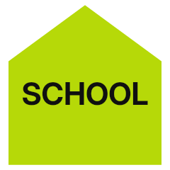 A five sided sign with a pointed top, a bright yellow green background and a black legend